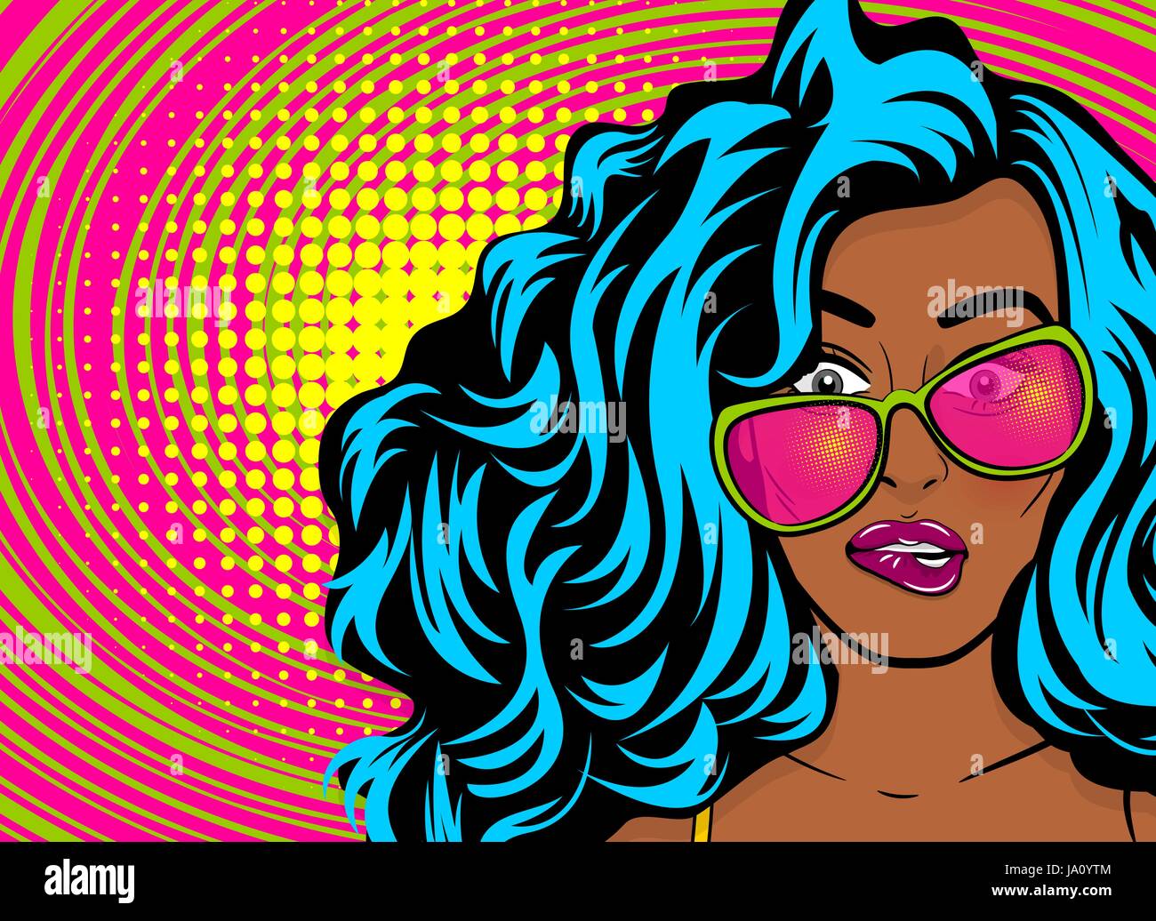 Black young oops woman pop art style wow swag face in sunglasses satisfaction feeling. Colored halftone retro dot background comic text. Positive girl Stock Vector