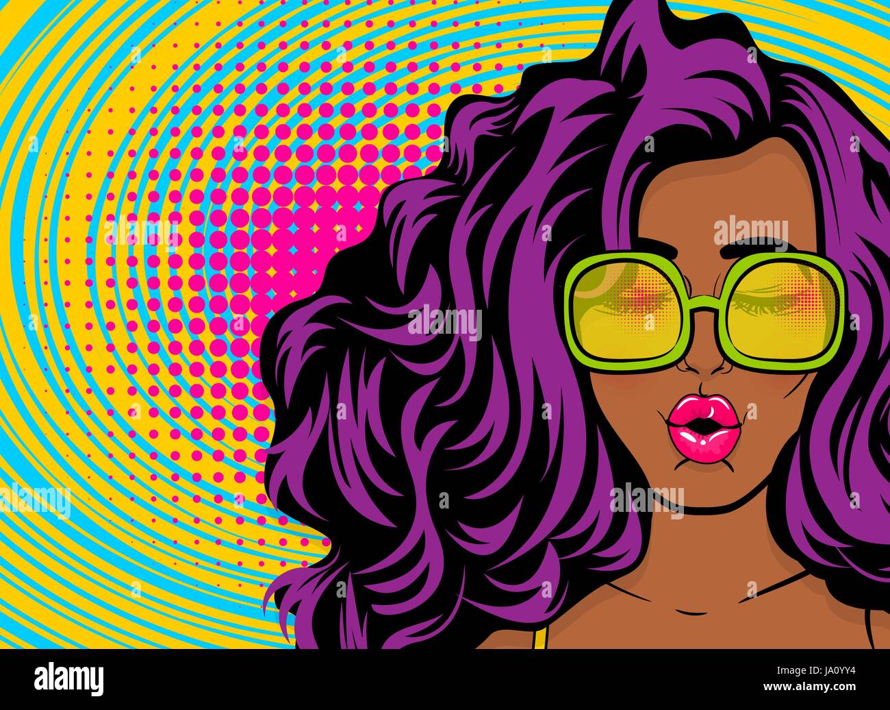 Black young surprised woman pop art style wow swag face in sunglasses satisfaction feeling. Colored halftone retro dot background comic text. Positive Stock Vector