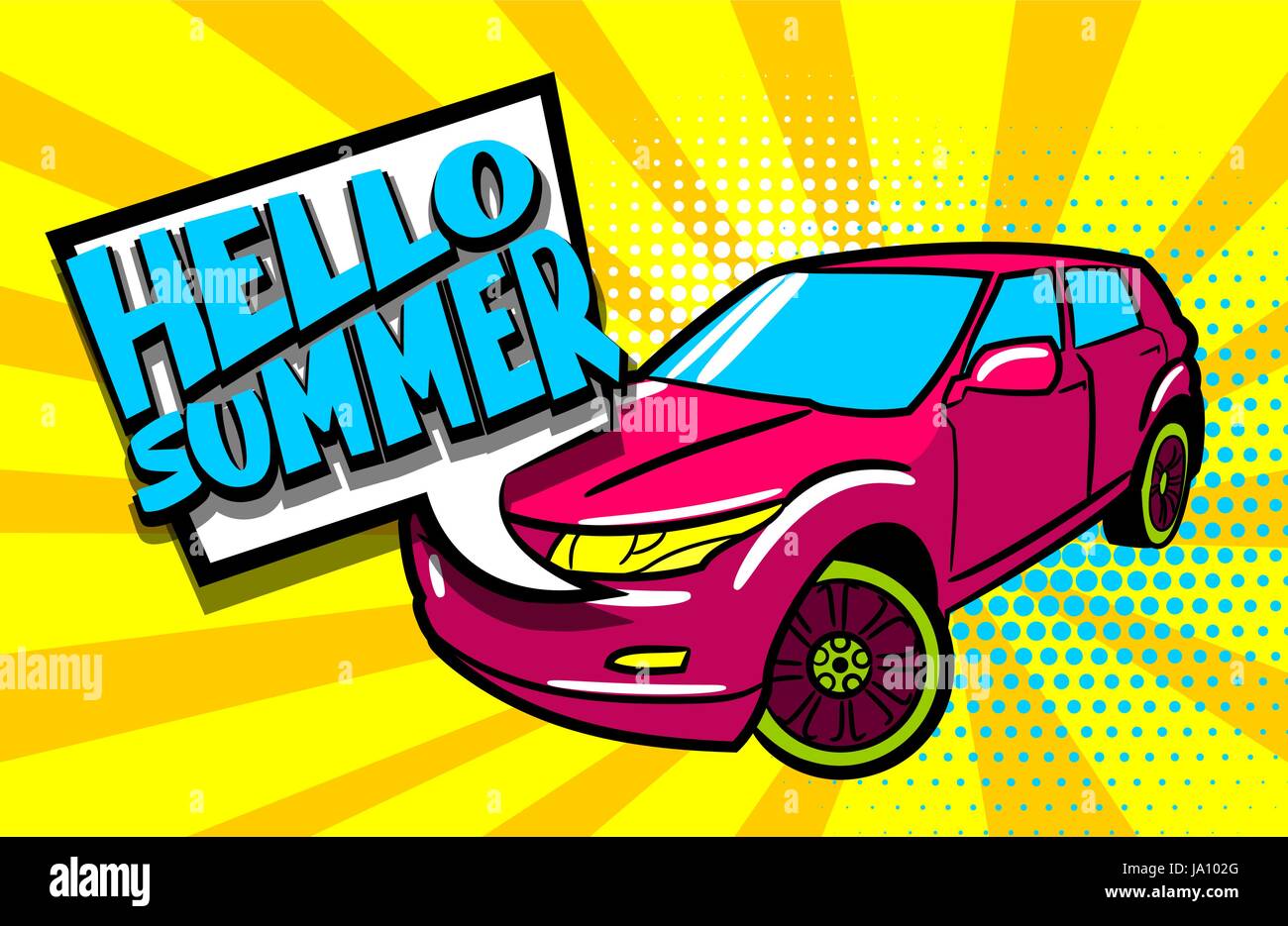 Hello summer phrase. SUV car pop art style. Cartoon jeep comic book background. Sport utility vehicle on sunbeam poster banner in bright color. Luxury Stock Vector