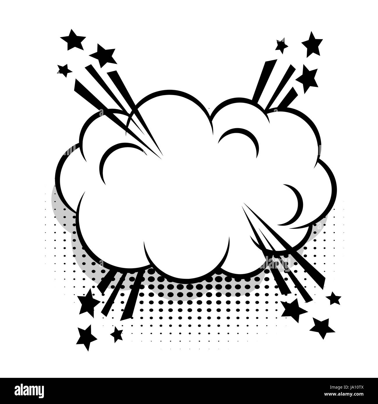 Cloud empty white comic book text balloon pop art. Bubble icon speech phrase. Cartoon funny label tag expression. Sound boom explosion effects. Advert Stock Vector