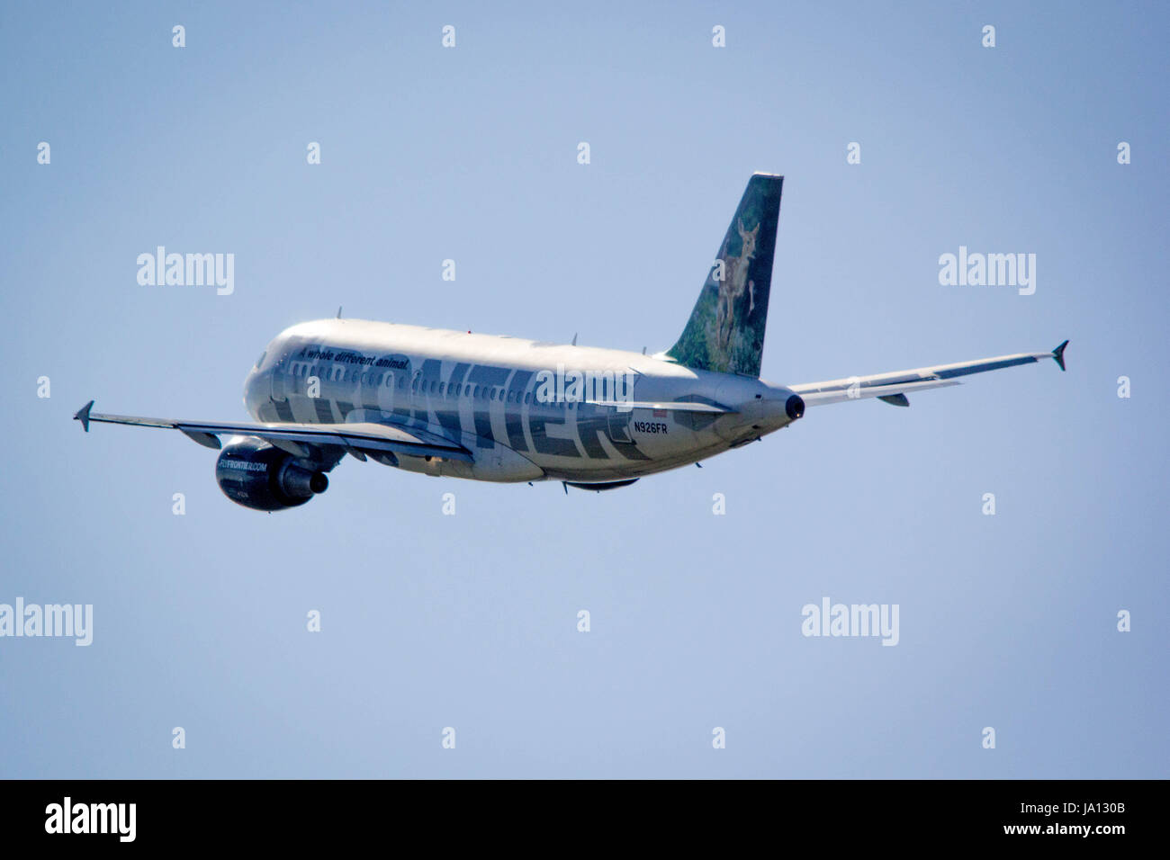 A Frontier Airlines jet takes off from Philadelphia International Airport Stock Photo