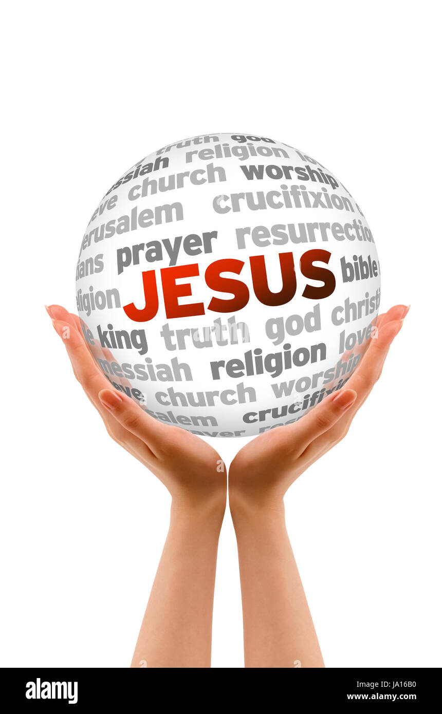 Hands holding a jesus Word Sphere on white background. Stock Photo