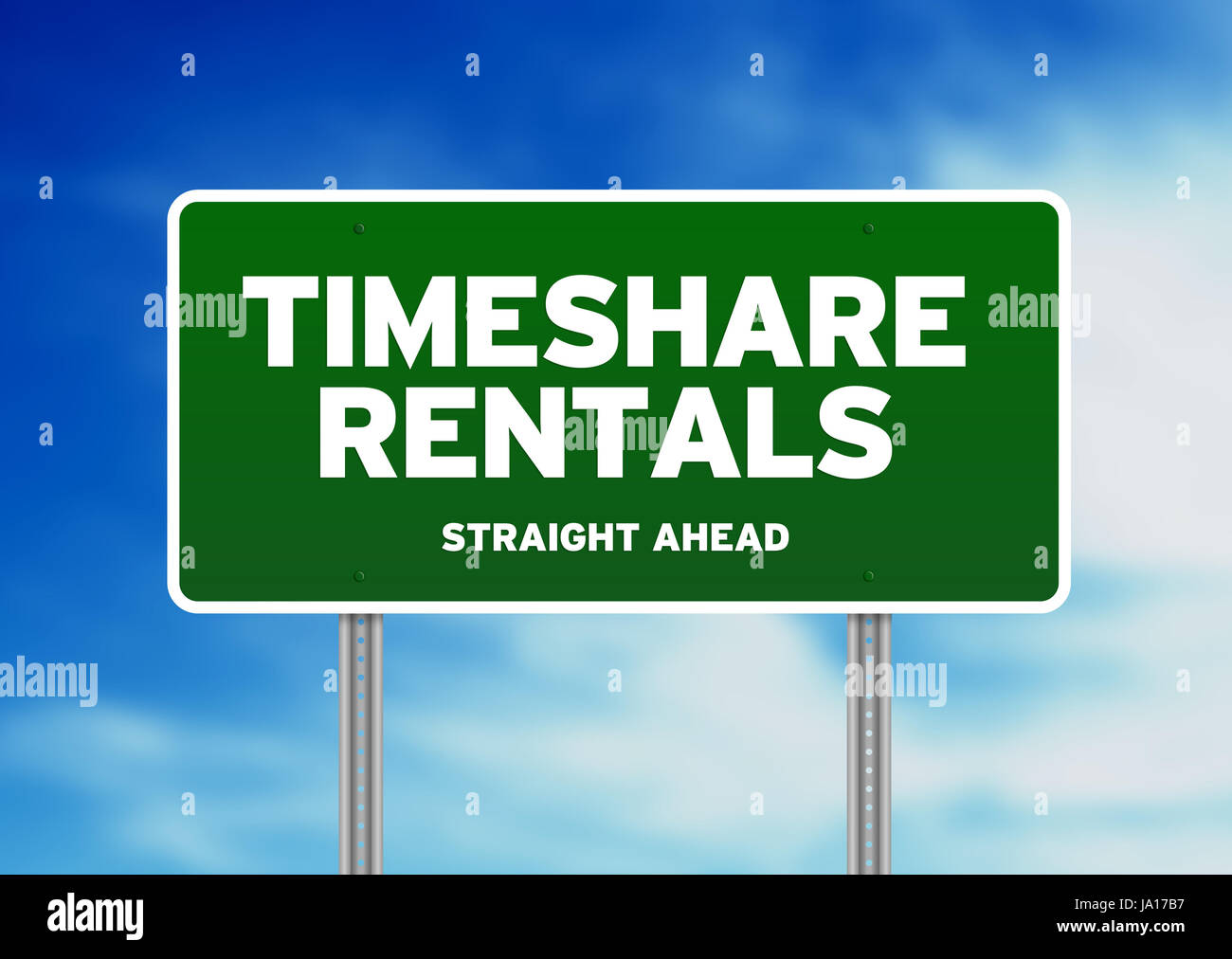 Green Timeshare Rentals highway sign on Cloud Background Stock Photo ...