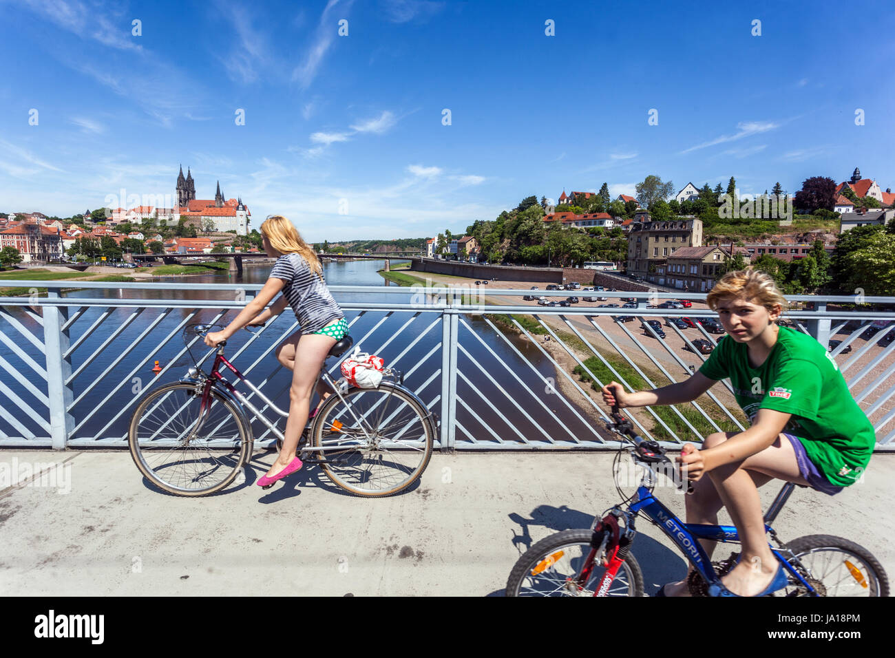 Meissen, Germany cycling, Bikers on the bridge, Saxony, Germany, Europe Stock Photo