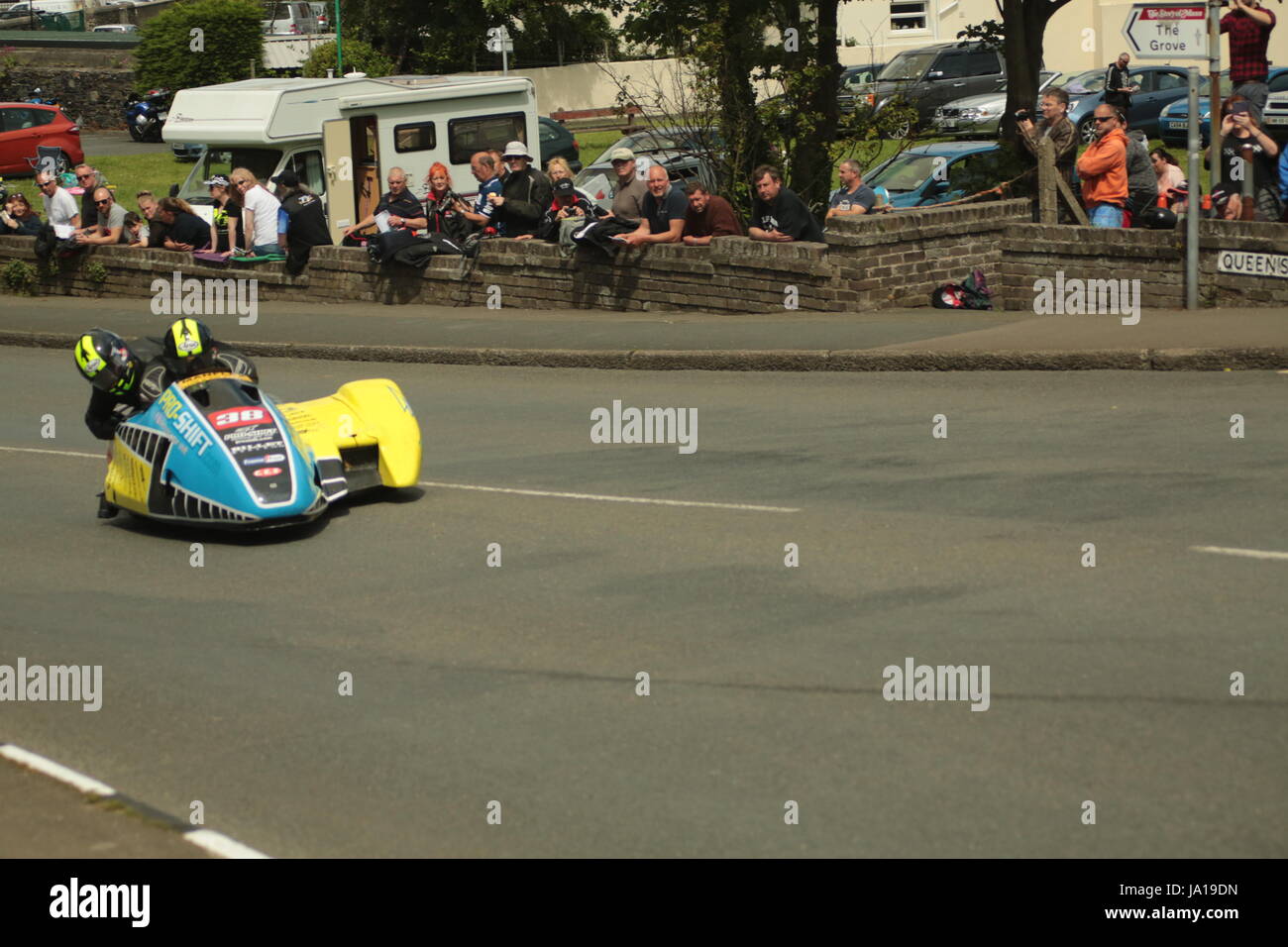 Isle of Man TT Races, Sidecar Qualifying Practice Race, Saturday 3 June 2017. Sidecar qualifying session. Number 38, Roy Tansley and Darren Prentis on their 675cc MR Equipe Triumph from the Proshift.com / Mike Austin Racing team from Derby, UK.  Credit: Eclectic Art and Photography/Alamy Live News. Stock Photo