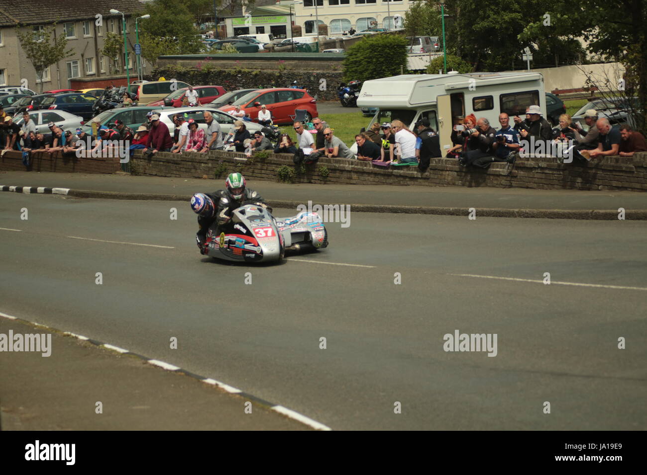 Isle of Man TT Races, Sidecar Qualifying Practice Race, Saturday 3 June 2017. Sidecar qualifying session. Number 37, Claude Montagnier and Olivier Chabloz on a 600cc LCR Kawasaki of the OFTIMARK team from Roissy en Brie, France.Credit: Eclectic Art and Photography/Alamy Live News. Stock Photo