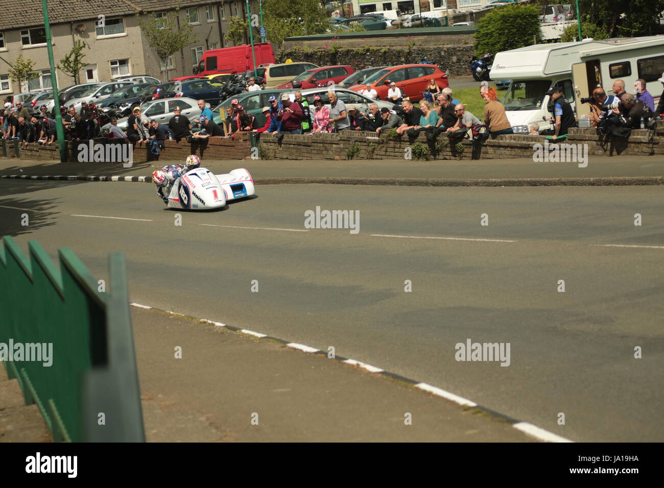 Isle of Man TT Races, Sidecar Qualifying Practice Race, Saturday 3 June 2017. Sidecar qualifying session. Number 1, Ben Birchall and Tom Birchall on their 600cc LCR Honda sidecar of the IEG Racing  team from Macclesfield, UK.  Credit: Eclectic Art and Photography/Alamy Live News. Stock Photo