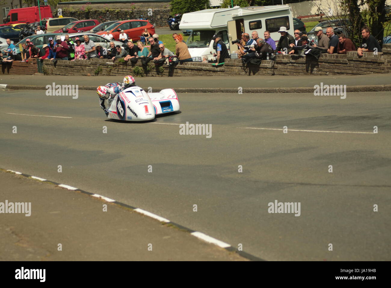 Isle of Man TT Races, Sidecar Qualifying Practice Race, Saturday 3 June 2017. Sidecar qualifying session. Number 1, Ben Birchall and Tom Birchall on their 600cc LCR Honda sidecar of the IEG Racing  team from Macclesfield, UK.  Credit: Eclectic Art and Photography/Alamy Live News. Stock Photo