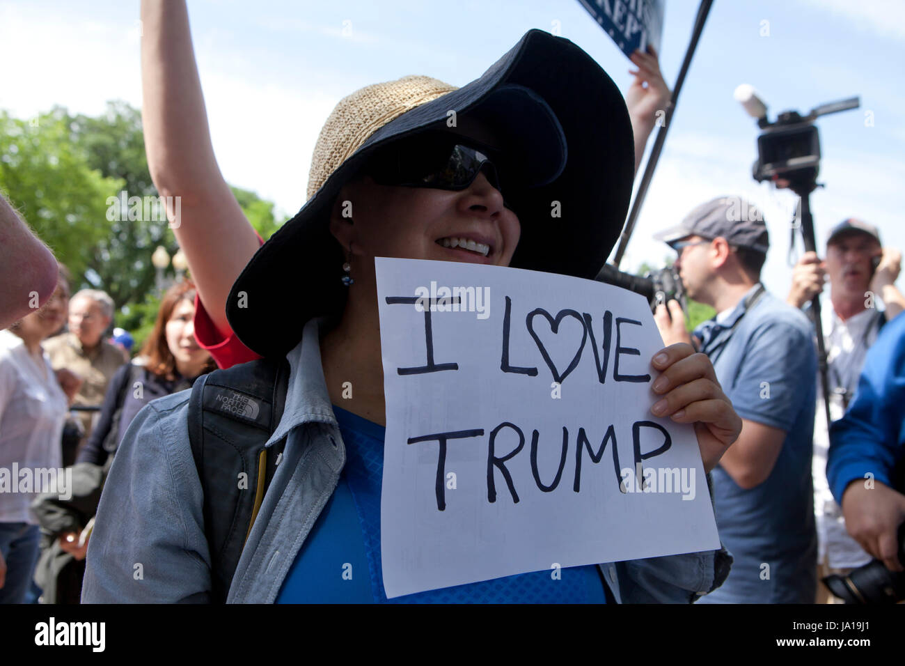 Trump supporter at a pro-Trump rally. Pictured: Woman holding 'I Love Trump' sign - Washington, DC USA Stock Photo