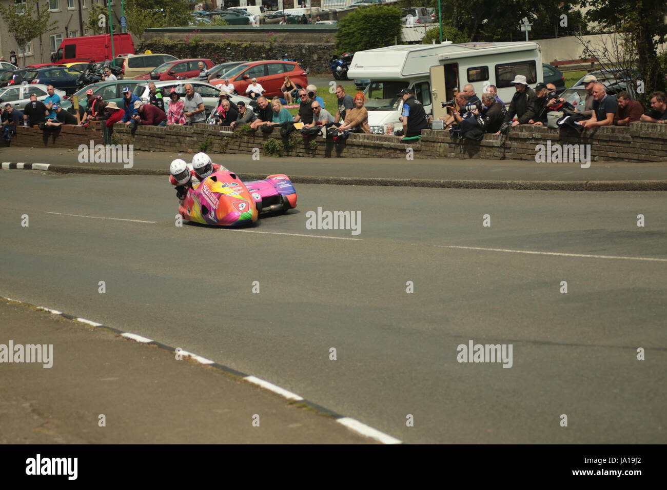 Isle of Man TT Races, Sidecar Qualifying Practice Race, Saturday 3 June 2017. Sidecar qualifying session. Number 9, Steve Ramsden , Matty Ramsdenon their 600cc LCR Honda sidecar from the Ramsden Racing team from Hebden Bridge, UK..Credit: Eclectic Art and Photography/Alamy Live News. Stock Photo