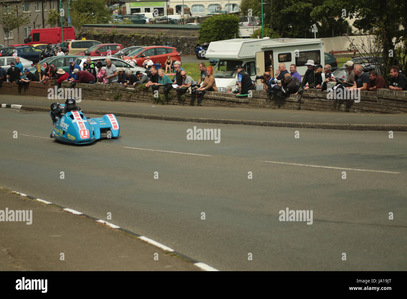 Isle of Man TT Races, Sidecar Qualifying Practice Race, Saturday 3 June 2017. Sidecar qualifying session. Number 11, Tony Baker and Fiona Baker-Holden on their 600cc Baker Suzuki sidecar from the Silicone Engineering and Carl Cox Motorsport team.   Credit: Eclectic Art and Photography/Alamy Live News. Stock Photo