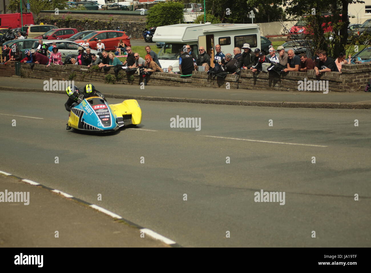 Isle of Man TT Races, Sidecar Qualifying Practice Race, Saturday 3 June 2017. Sidecar qualifying session. Number 38, Roy Tansley and Darren Prentis on their 675cc MR Equipe Triumph from the Proshift.com / Mike Austin Racing team from Derby, UK. Credit: Eclectic Art and Photography/Alamy Live News Stock Photo