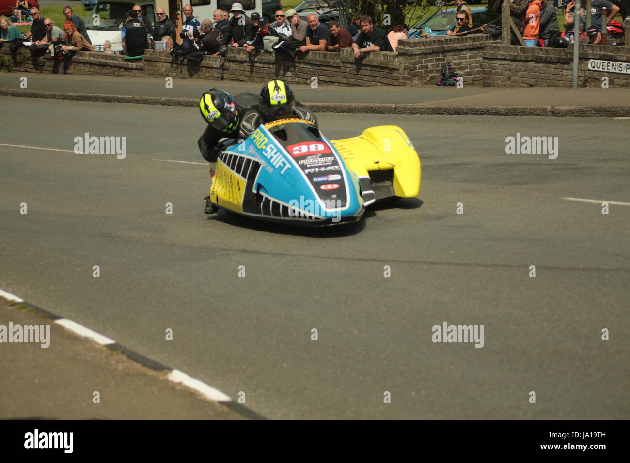 Isle of Man TT Races, Sidecar Qualifying Practice Race, Saturday 3 June 2017. Sidecar qualifying session. Number 38, Roy Tansley and Darren Prentis on their 675cc MR Equipe Triumph from the Proshift.com / Mike Austin Racing team from Derby, UK. Credit: Eclectic Art and Photography/Alamy Live News Stock Photo