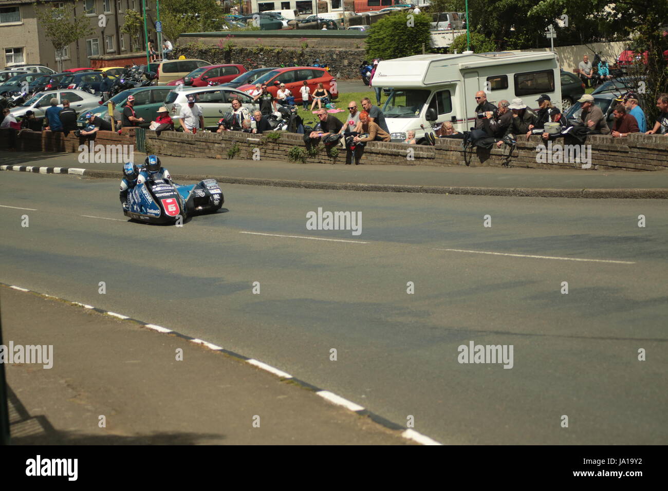 Isle of Man TT Races, Sidecar Qualifying Practice Race, Saturday 3 June 2017. Sidecar qualifying session. Number 6, Peter Founds and Jevan Walmsley on a 600cc LCR Honda sidecar of the Klaffi Racing team from Tenterden. Credit: Eclectic Art and Photography/Alamy Live News Stock Photo