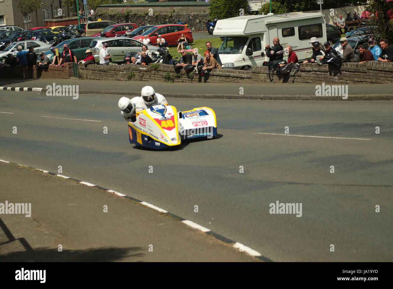Isle of Man TT Races, Sidecar Qualifying Practice Race, Saturday 3 June 2017.Sidecar qualifying session. Number 46, Mark Saunders and Karl Schofield of the MS Racing team from St Helens on a 600cc Iresson Honda sidecar. Credit: Eclectic Art and Photography/Alamy Live News Stock Photo