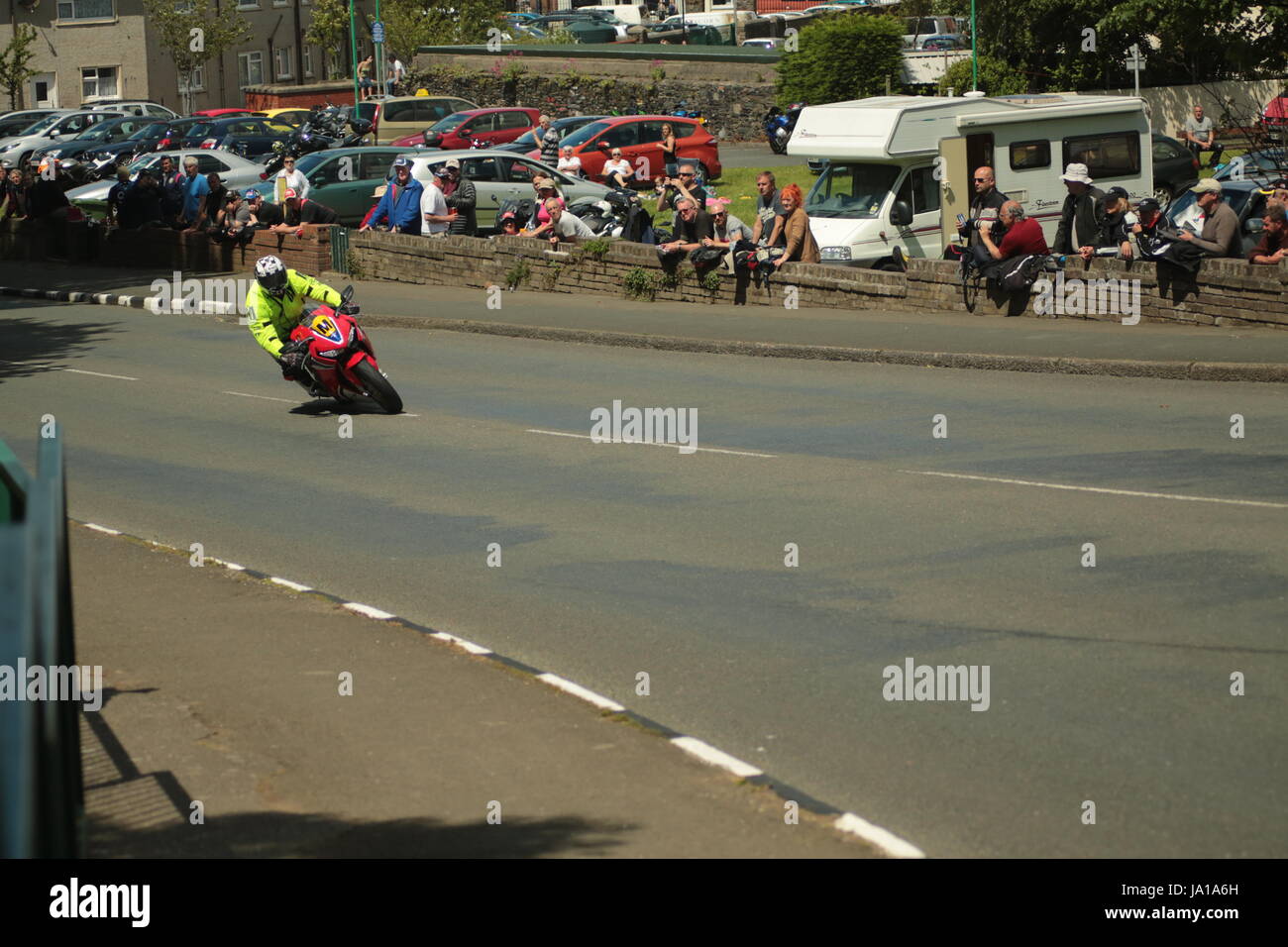 Isle of Man TT Races, Qualifying Practice Race, Saturday 3 June 2017.Sidecar Qualifying and Supersport/Lightweight/Newcomers (all classes) qualifying session. Travelling marshals on their motorcycles inspect the course in between races. Credit: Eclectic Art and Photography/Alamy Live News Stock Photo