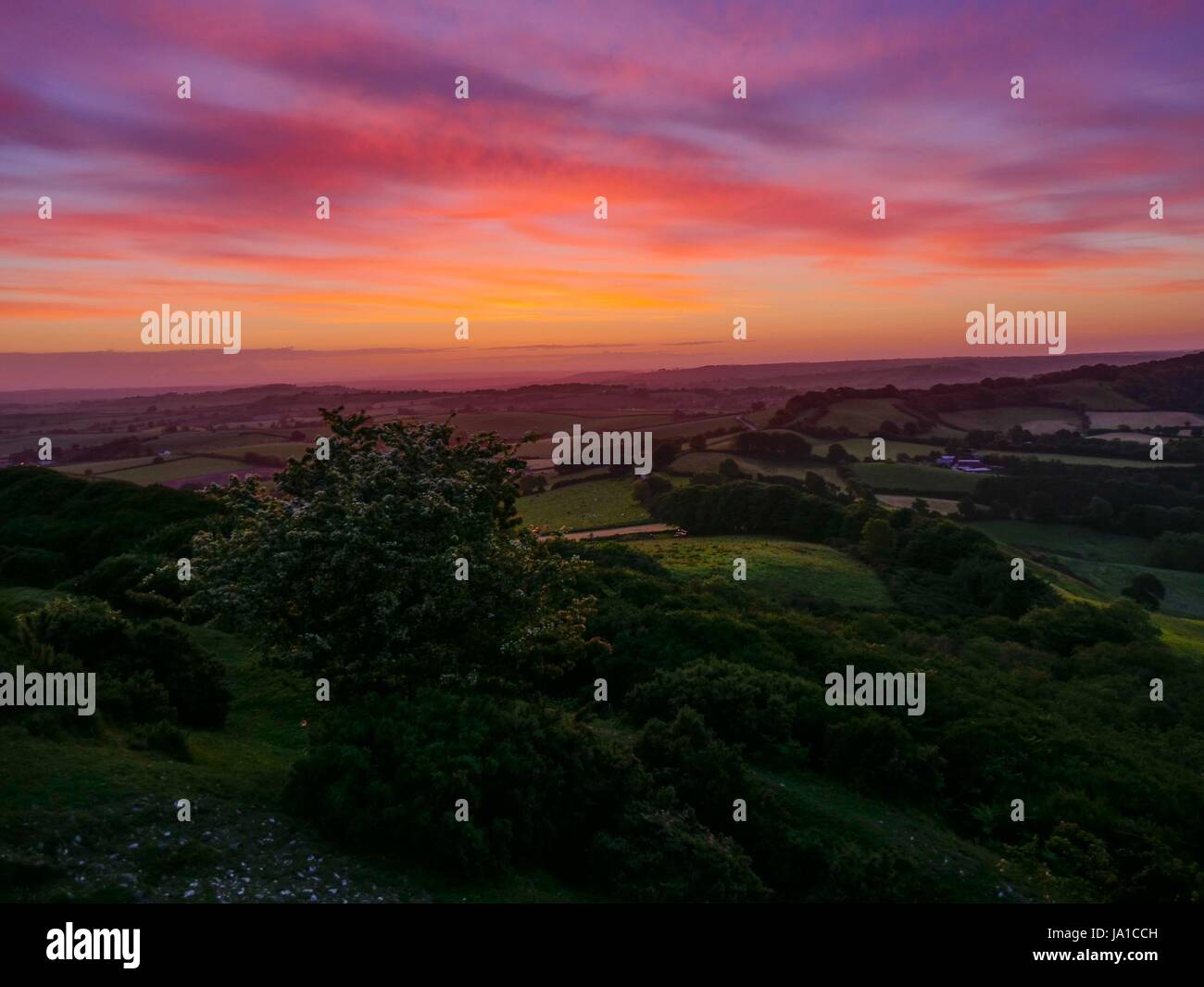 Pilsden Pen, Dorset, UK. 4th June, 2017. Colourful start to the day as vibrant colours illuminate the sky from high up in West Dorset. Credit: Dan Tucker/Alamy Live News Stock Photo