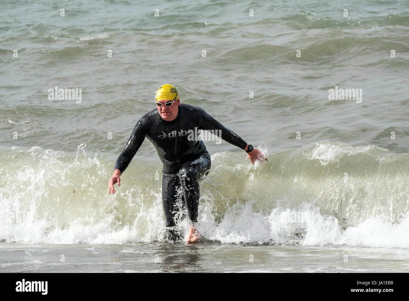 West Bay, Dorset, UK. 4th June, 2017. Competitors come out of the sea out of West Bay on the first stage of the a West Bay Triathlon. After a sea swim along Dorset's Jurassic coast competitors take part in a bike sprint through the West Dorset countryside before completing the event with a run along the coastal path. Credit: Tom Corban/Alamy Live News Stock Photo