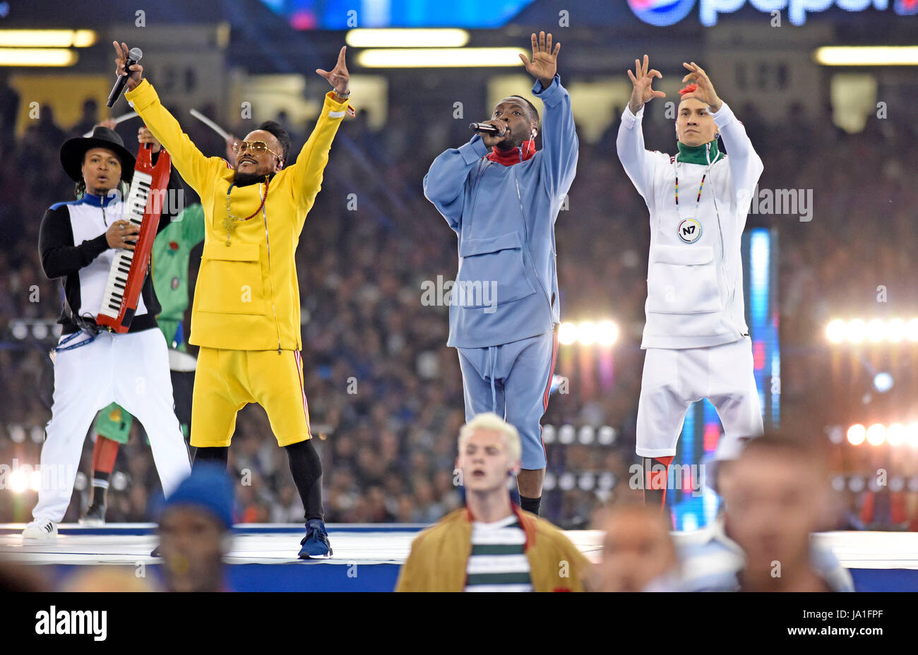 Cardiff, UK. 04th June, 2017. The Black Eyed Peas performing ahead of kick  off at the UEFA Champions League Final between Juventus and Real Madrid CF  at the National Stadium of Wales