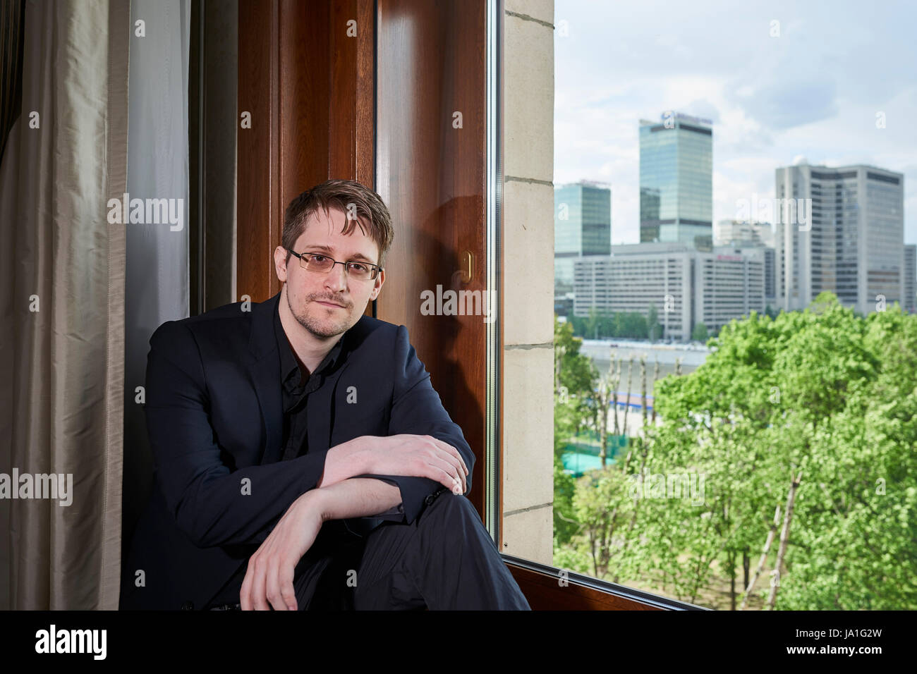 Edward Snowden in exile life in Moscow for exclusive interview with Kyodo News Japan Stock Photo