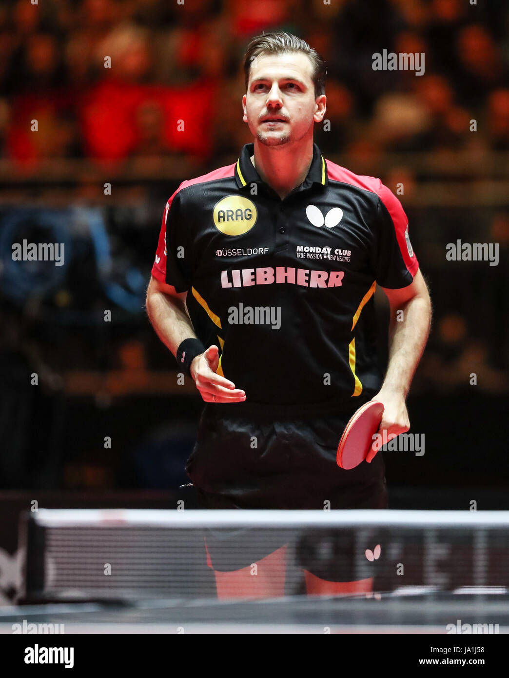 Dusseldorf, Germany. 4th June, 2017. Timo Boll of Germany reacts during the men's singles match against Ma of China at the 2017 World Table Tennis Championships in Dusseldorf, Germany, June 4,