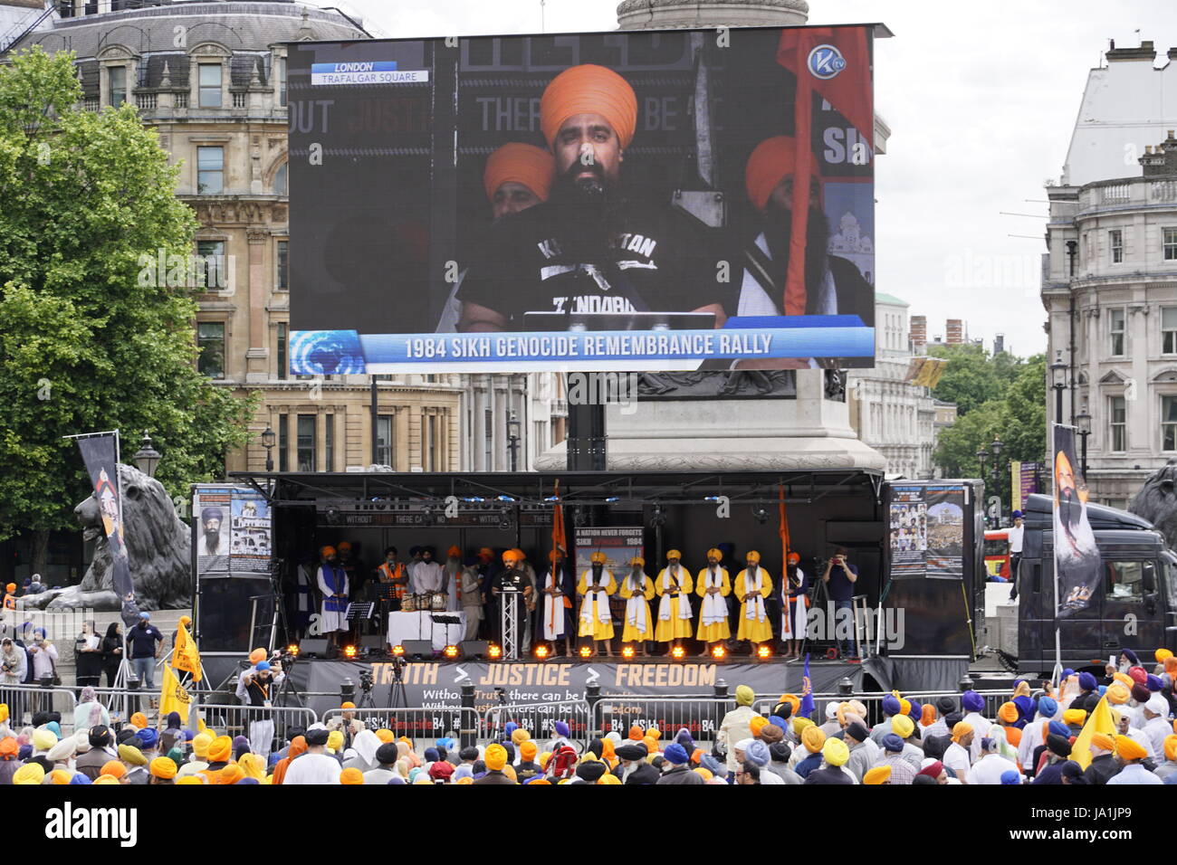 A day after the London terrorist attach, Sikhs gather in Trafalgar Square to commemorate the massacre at the Golden Temple in 1984 Stock Photo