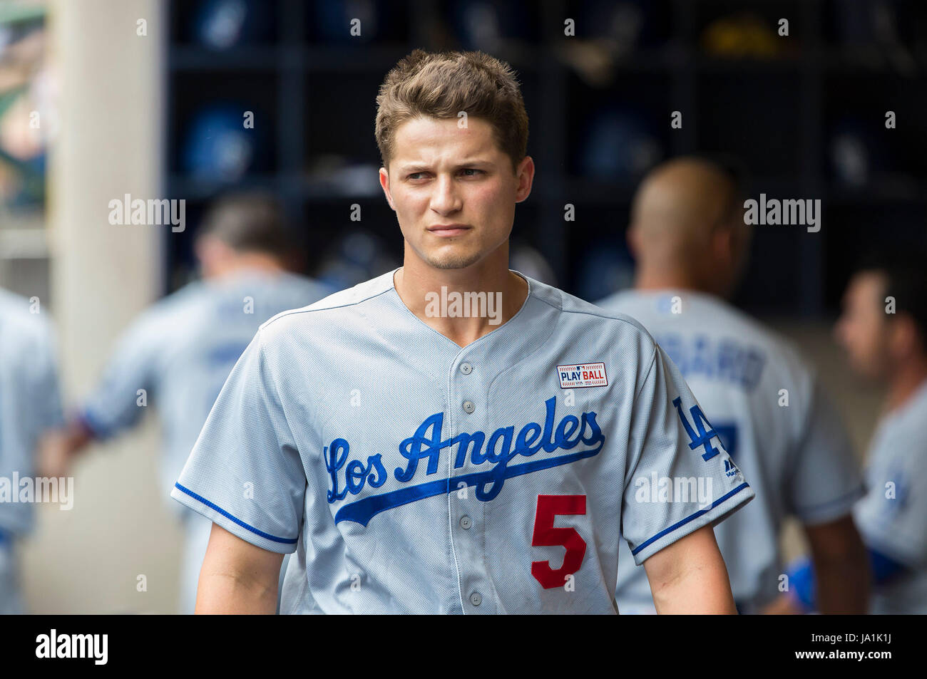 Milwaukee, WI, USA. 3rd June, 2017. Los Angeles Dodgers shortstop Corey Seager #5 during the Major League Baseball game between the Milwaukee Brewers and the Los Angeles Dodgers at Miller Park in Milwaukee, WI. John Fisher/CSM/Alamy Live News Stock Photo