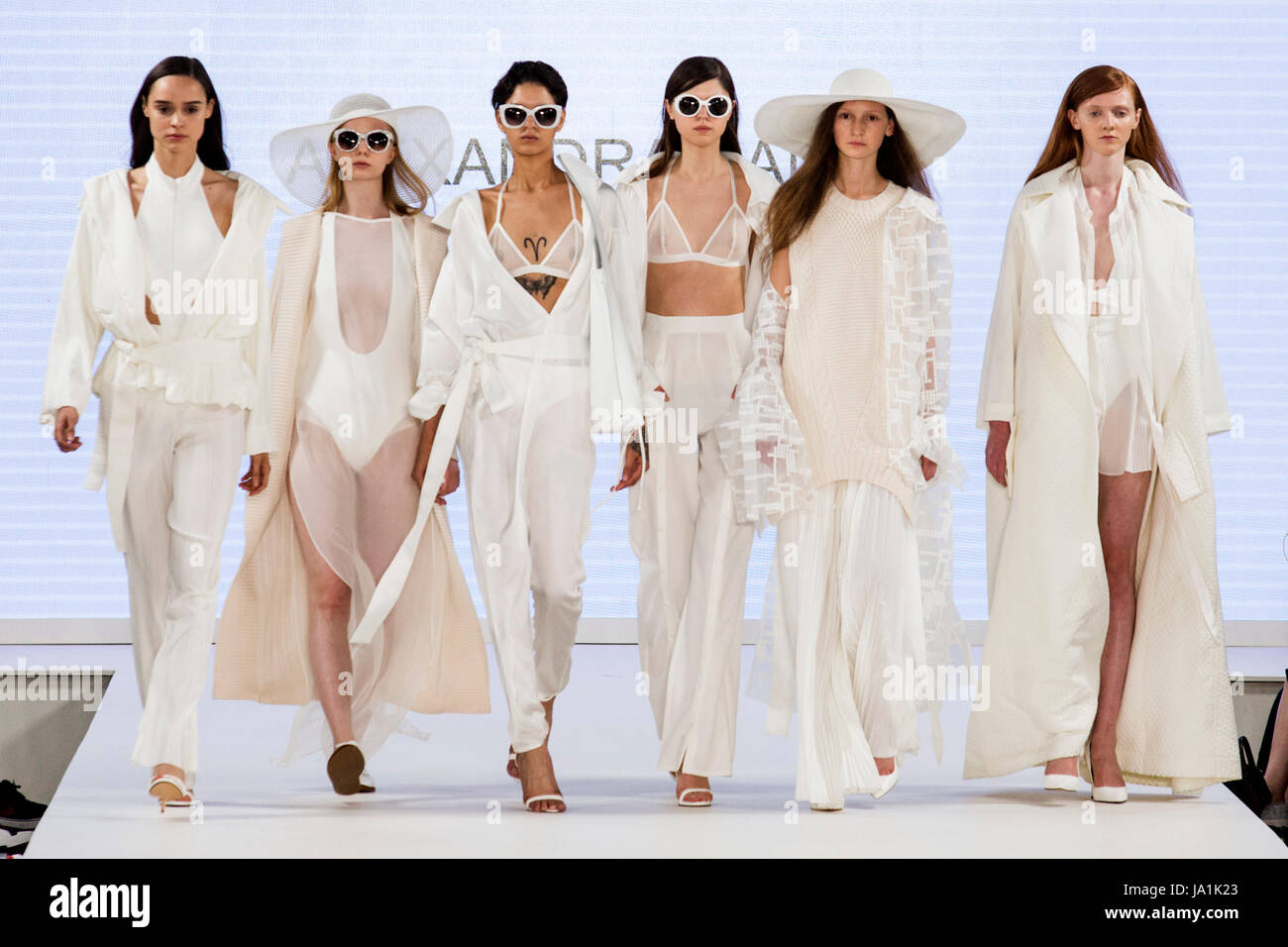 London, UK. 4 June 2017. A model walks the runway wearing a collection created by Alexandra Danko from the University of Salford, Manchester during Graduate Fashion Week 2017 at the Old Truman Brewery. Graduate Fashion Week is an annual event that showcases recent graduates' collections from the UK's leading fashion colleges and university courses in a series of fashion shows and exhibitions. Photo: Vibrant Pictures/Alamy Live News Stock Photo