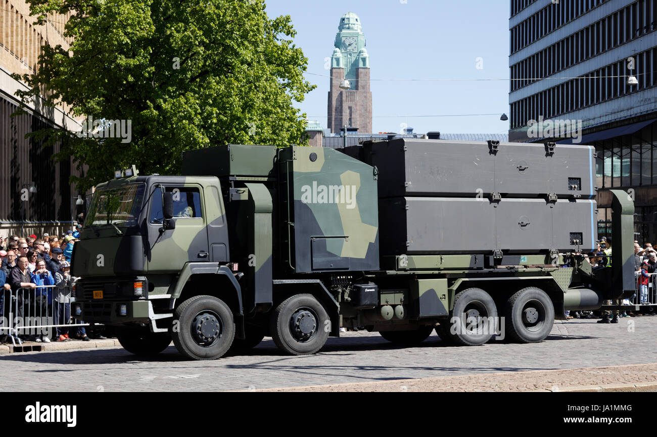 Helsinki, Finland. 4th June, 2017. Anti-ship missile RBS-15 SF (MTO-85M) launcher vehicle on the march-by Credit: Hannu Mononen/Alamy Live News Stock Photo