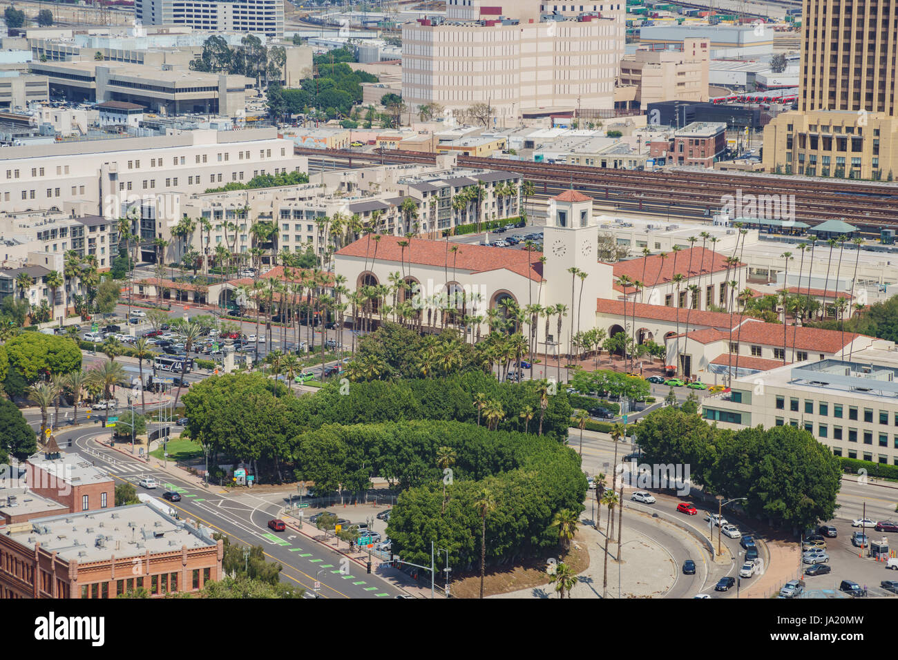 Los Angeles, APR 11 Morning aerial view of union station from city