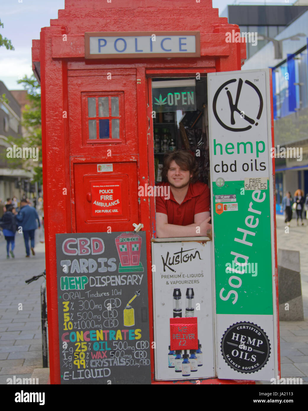 Tardis police box selling herbal remedies or legal highs sauchiehall street Glasgow Stock Photo