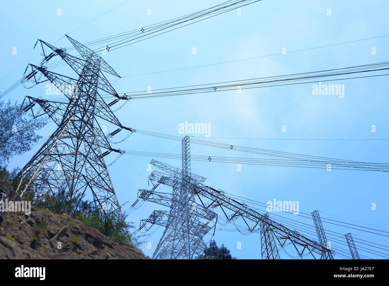blue, danger, tree, industry, industrial, lines, energy, power ...
