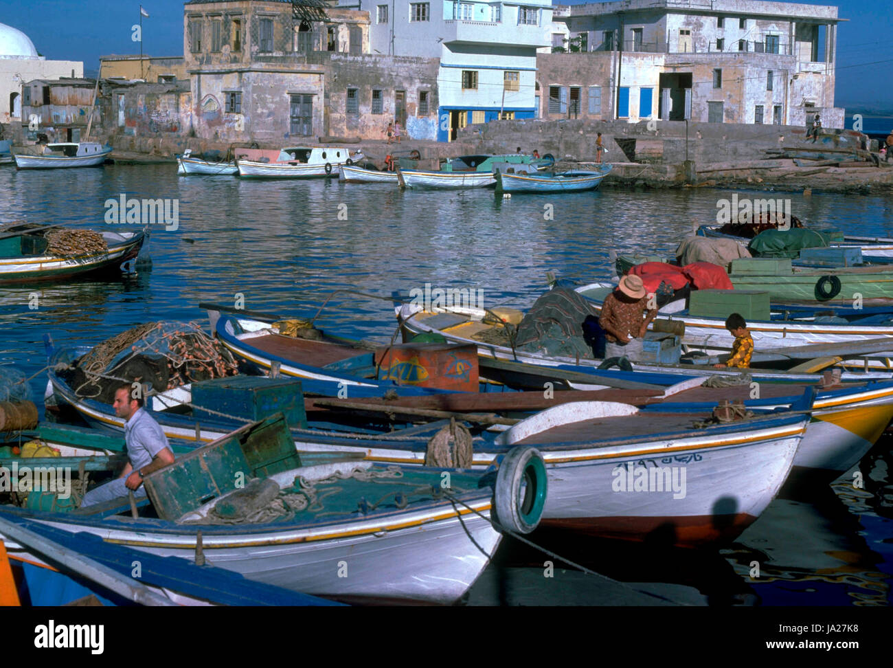 Fishing boats on Arwad Island off the Mediterranean coast of Syria, 1984 Stock Photo