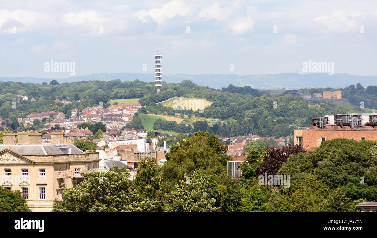 Bristol, England - July 17, 2016: The BT Purdown microwave network transmitter tower, a prominent landmark on Pur Down hill in north Bristol. Stock Photo