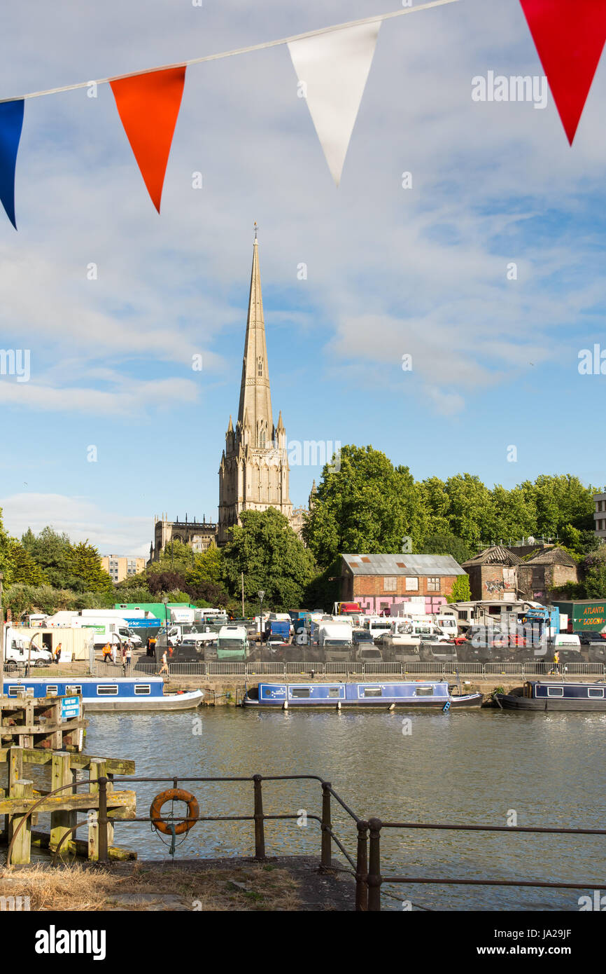 Bristol, England - July 17, 2016: The spire of St Mary Redcliffe, England's largest parish church, seen across Bristol's Floating Harbour. Stock Photo