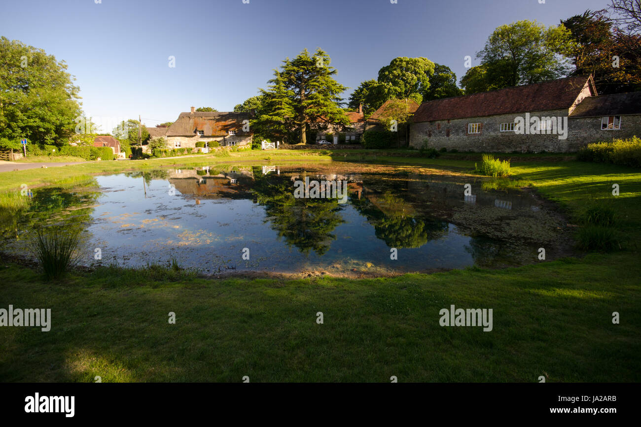 Traditional thatched cottages are reflected in the dew pond in the