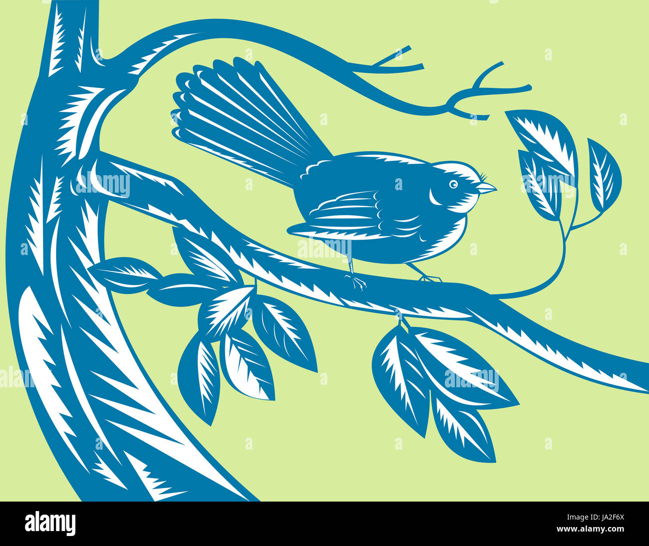 leaf, tree, bird, leaves, illustration, branch, wildlife, retro