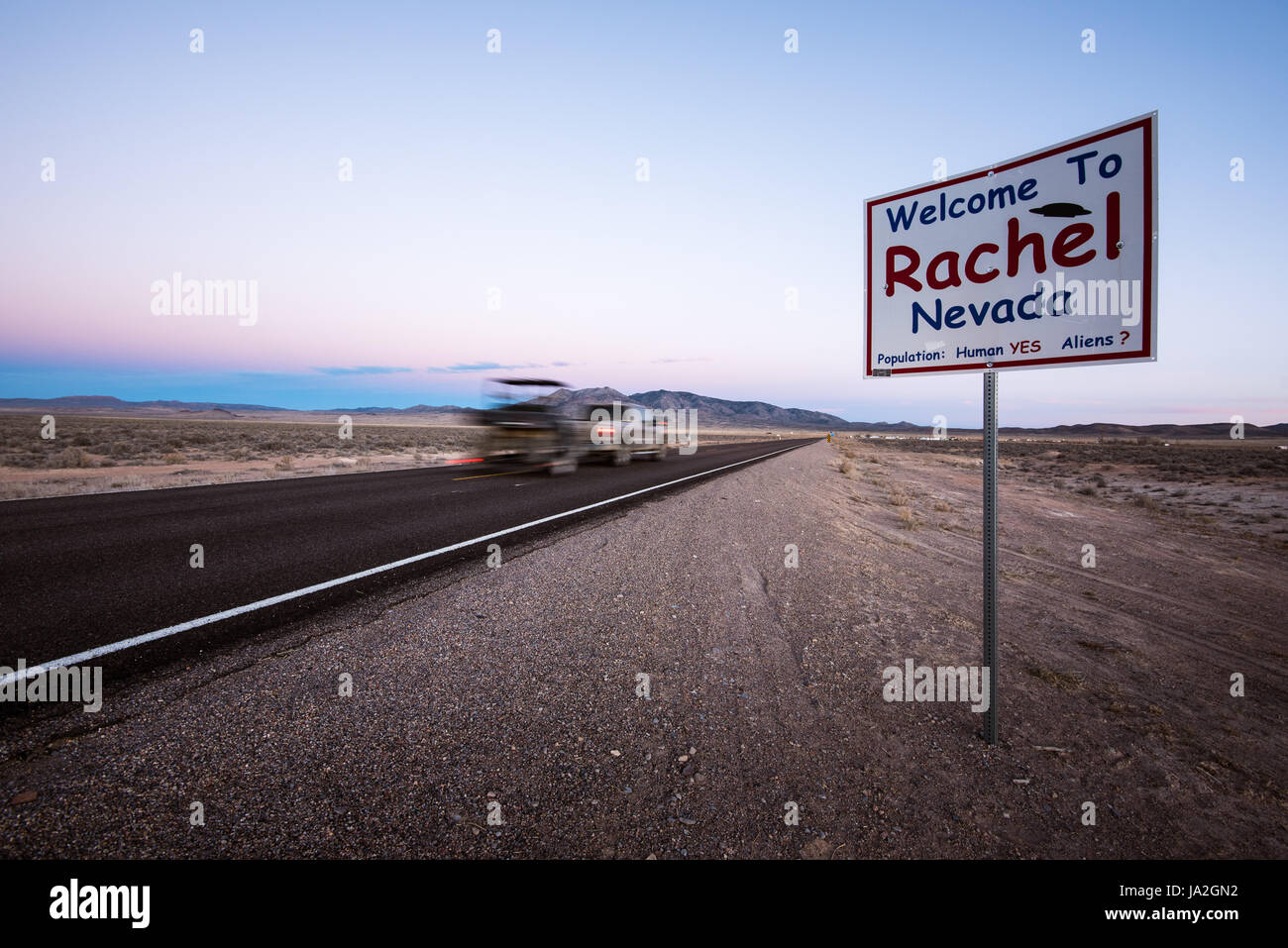 Welcome sign entering the tiny town of Rachel, Nevada, on the Extraterrestrial Highway (state highway 375) near Area 51. Stock Photo