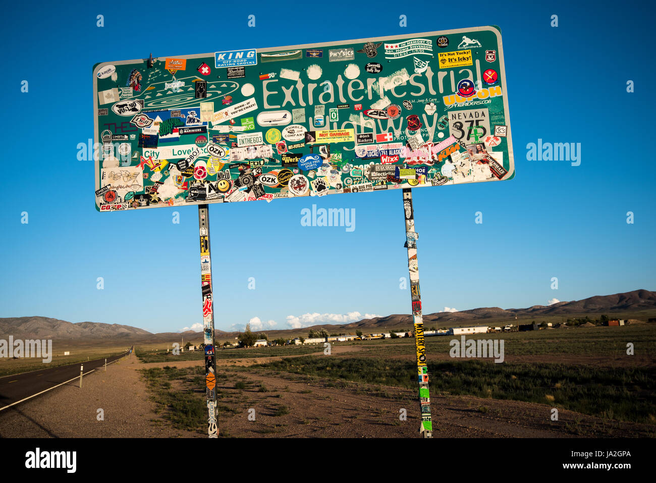 The Extraterrestrial Highway sign on Nevada State Route 375 in Rachel, Nevada, near Area 51. Stock Photo
