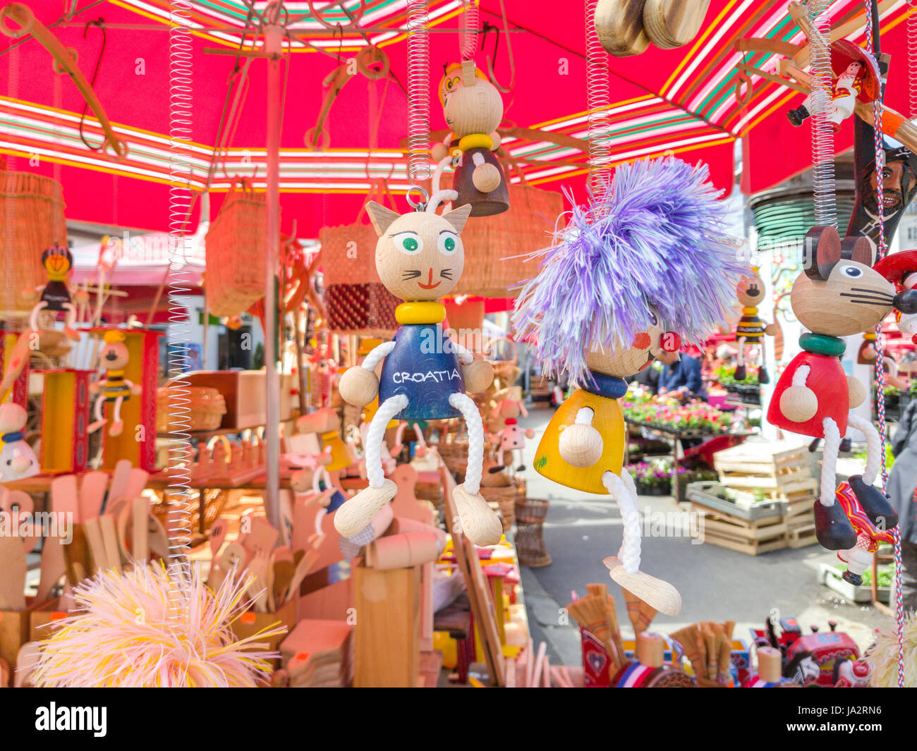 ZAGREB, CROATIA MAY 10, 201T Variety of traditional souvenirs for sale at Dolac Market Stock