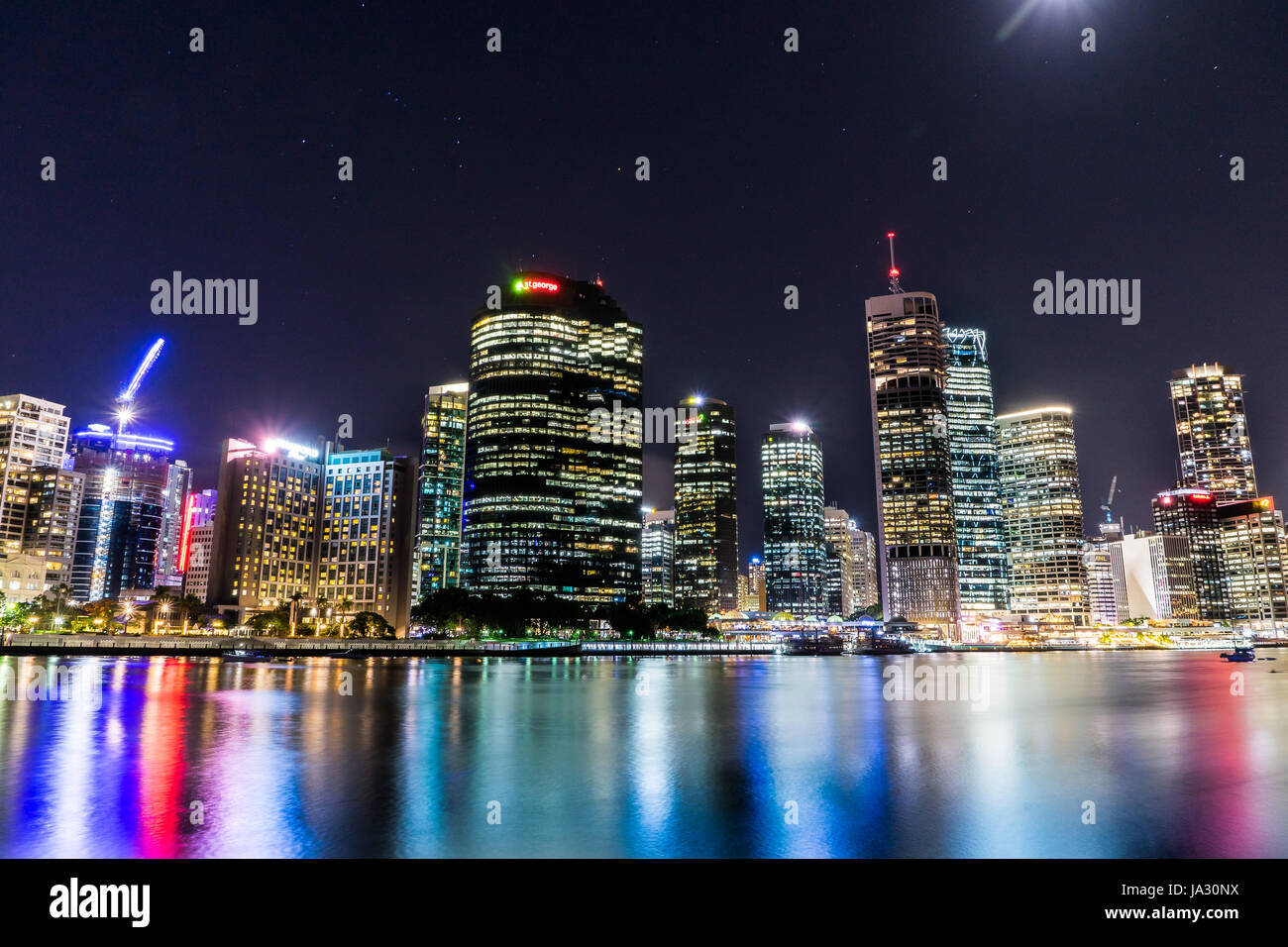 Brisbane city nighttime long exposure with relections Stock Photo