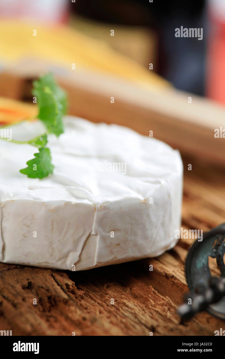Wheel of white rind cheese - closeup Stock Photo - Alamy