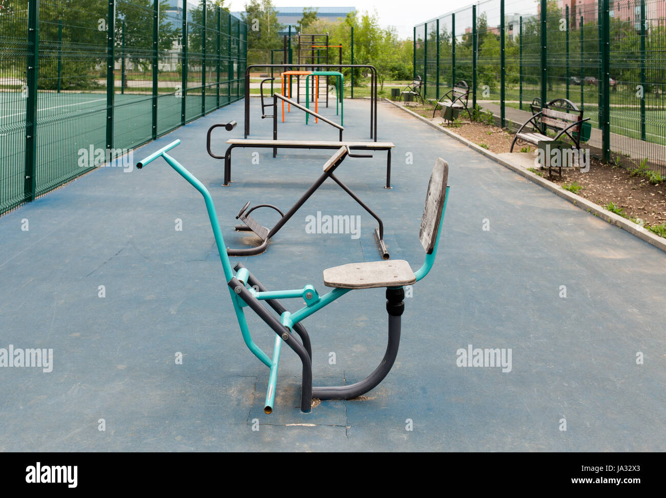 Views of the sports ground for street workout. Public area for sports training in the park. Stock Photo
