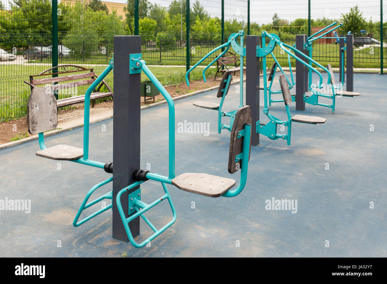 Views of the sports ground for street workout. Public area for sports training in the park. Stock Photo