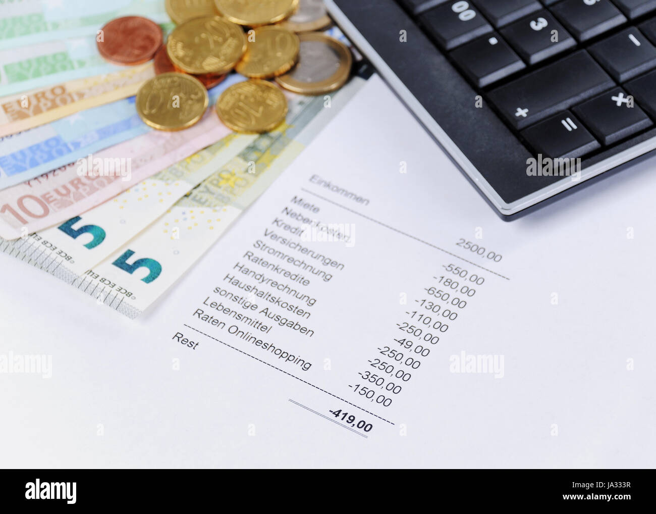 calculation, euro, currency, bank note, pocket calculator, invoice, Stock Photo