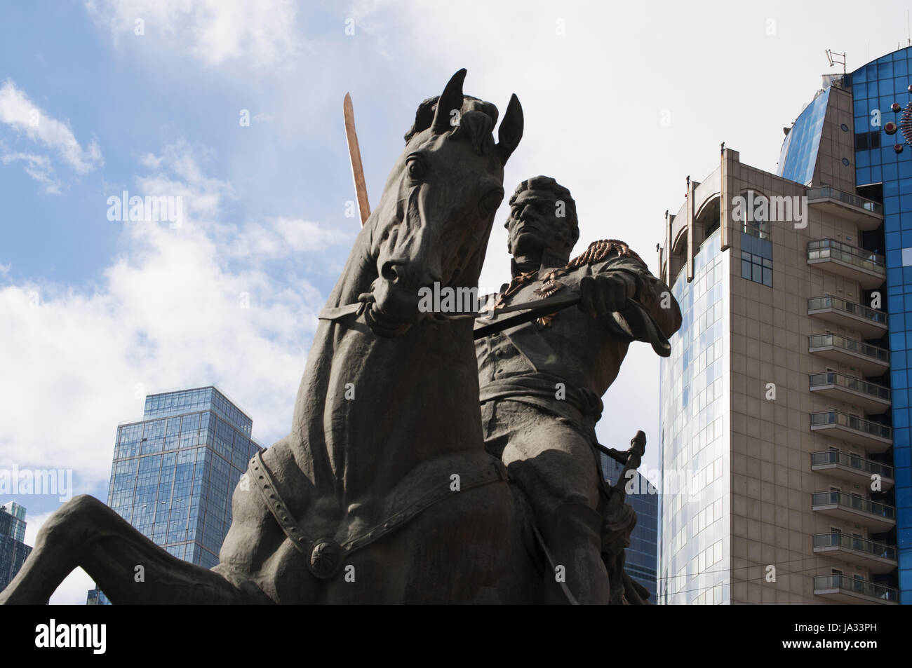 the skyline of Moscow and the monument to Commander Bagration, prince of Georgian extraction and hero of Russian Patriotic War, in a public garden Stock Photo