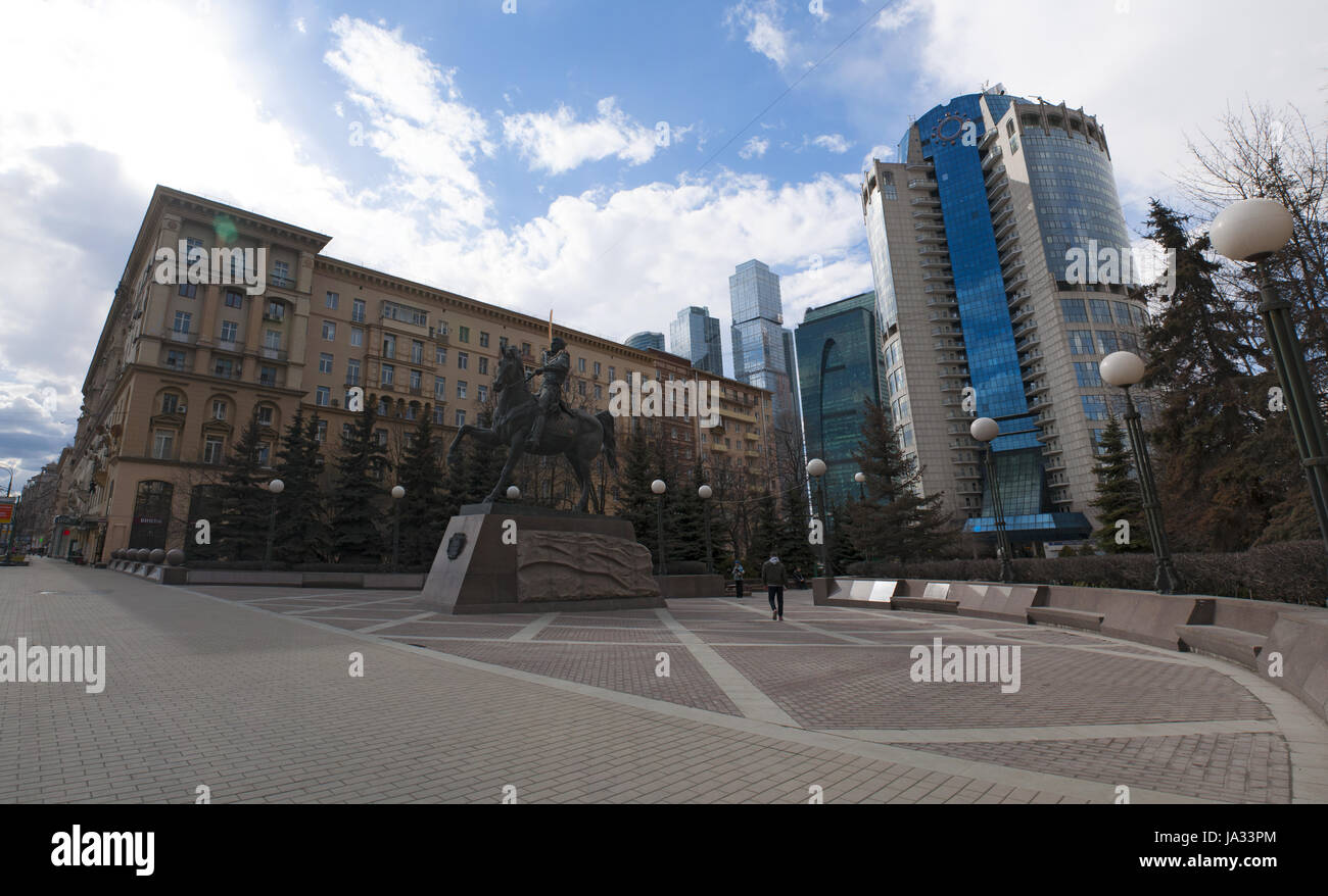 the skyline of Moscow and the monument to Commander Bagration, prince of Georgian extraction and hero of Russian Patriotic War, in a public garden Stock Photo