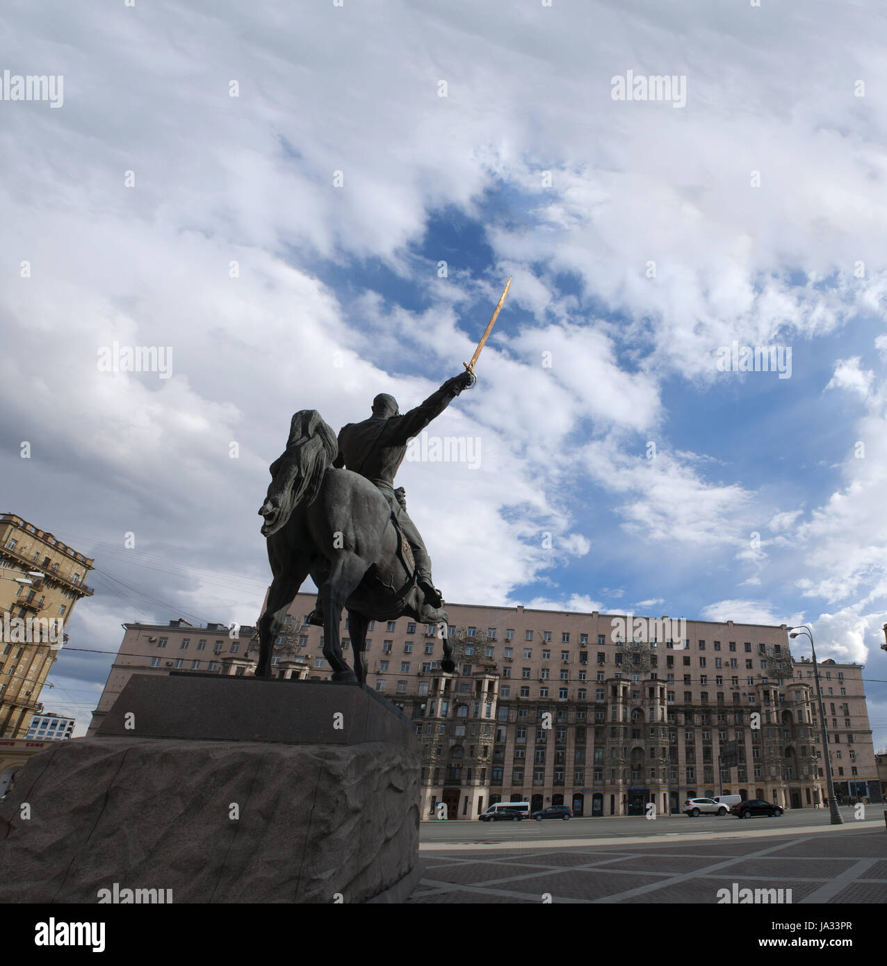 the skyline of Moscow and the monument to Commander Bagration, prince of Georgian extraction and hero of Russian Patriotic War, in a public garden Stock Photo