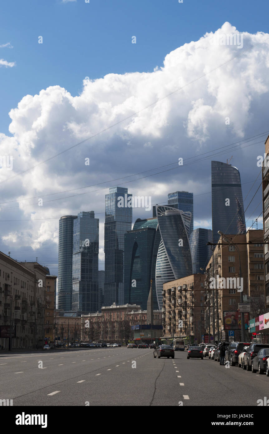 Skyline with the skyscrapers of Moscow International Business Center, Moscow City, seen from Bolshaya Dorogomilovskaya, a Dorogomilovo District street Stock Photo
