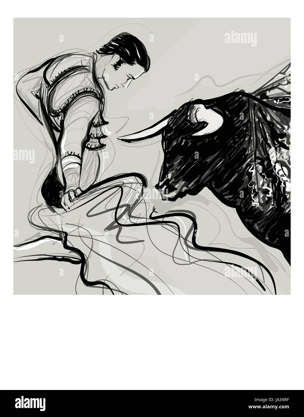 Bull charging a bullfighter - vector illustration Stock Vector